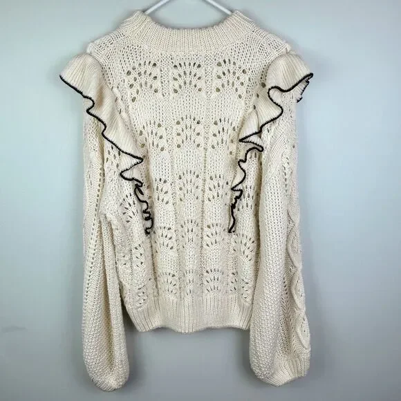En Saison Anthropologie Dee Ruffled Sweater Cream Balloon Sleeve Pointelle S EUC - Picture 8 of 14
